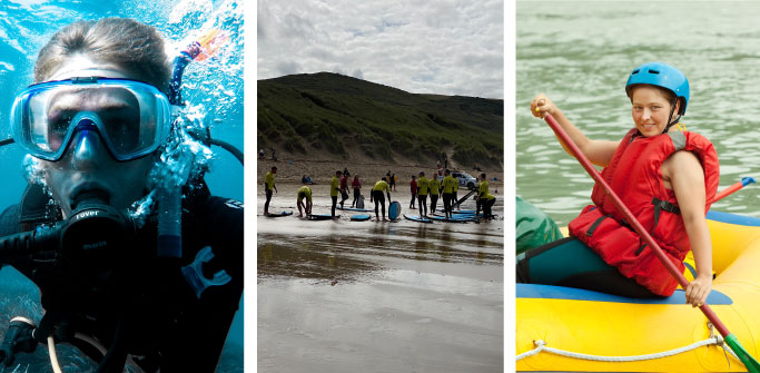 Group of People surfing, women diving and kayaking