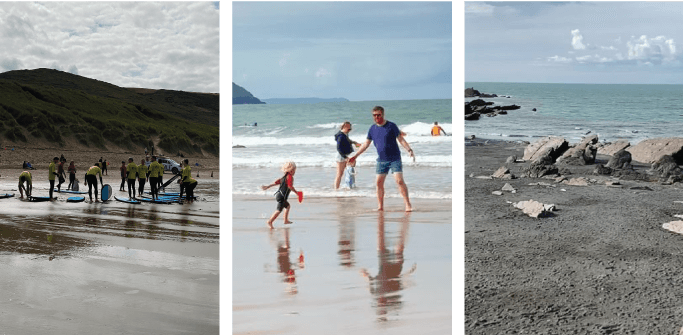 Group of people surfing, father and daughter playing and beautiful beach in Ilfracombe