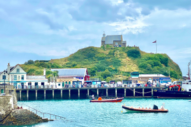 Ship, Harbour and Nicholas Chapel Building in Ilfracombe Harbour